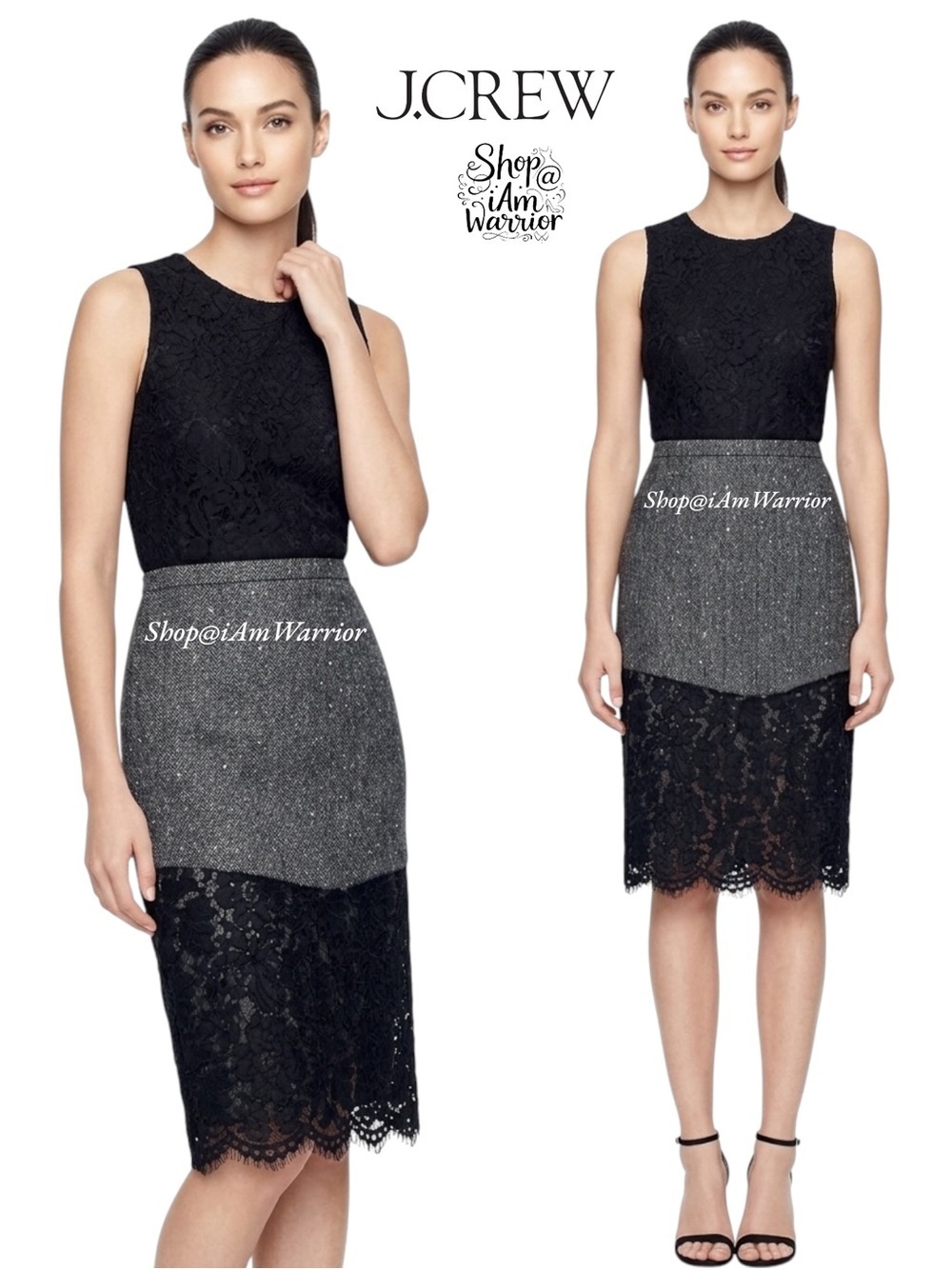 J.Crew metallic shimmer gray pencil skirt w/ black lace overlay *shop@iamwarrior